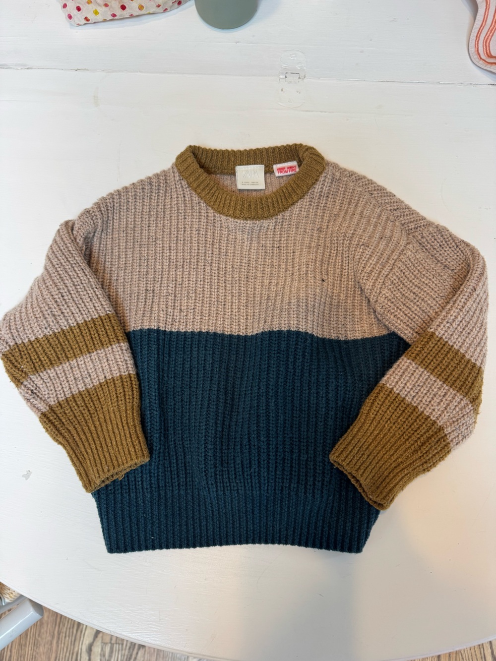 Zara Boys 4t Colorblock Ribbed Crewneck Sweater in Beige, Olive & Dark Teal